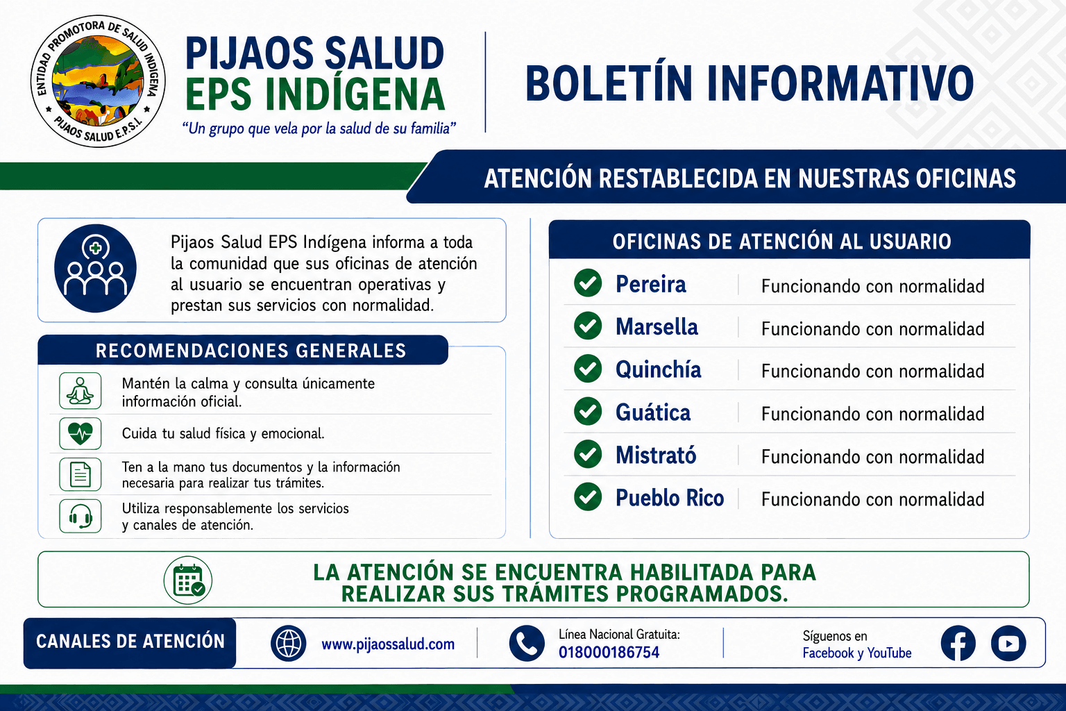 Atención restablecida en nuestras oficinas de Risaralda