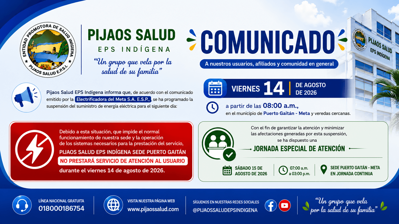 Suspensión de servicio Sede Puerto Gaitán - Meta
